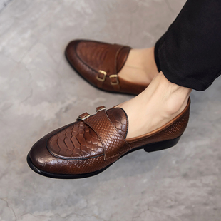 鳄鱼纹男士休闲小皮鞋2025新款真皮商务正装低帮一脚蹬乐福鞋单鞋