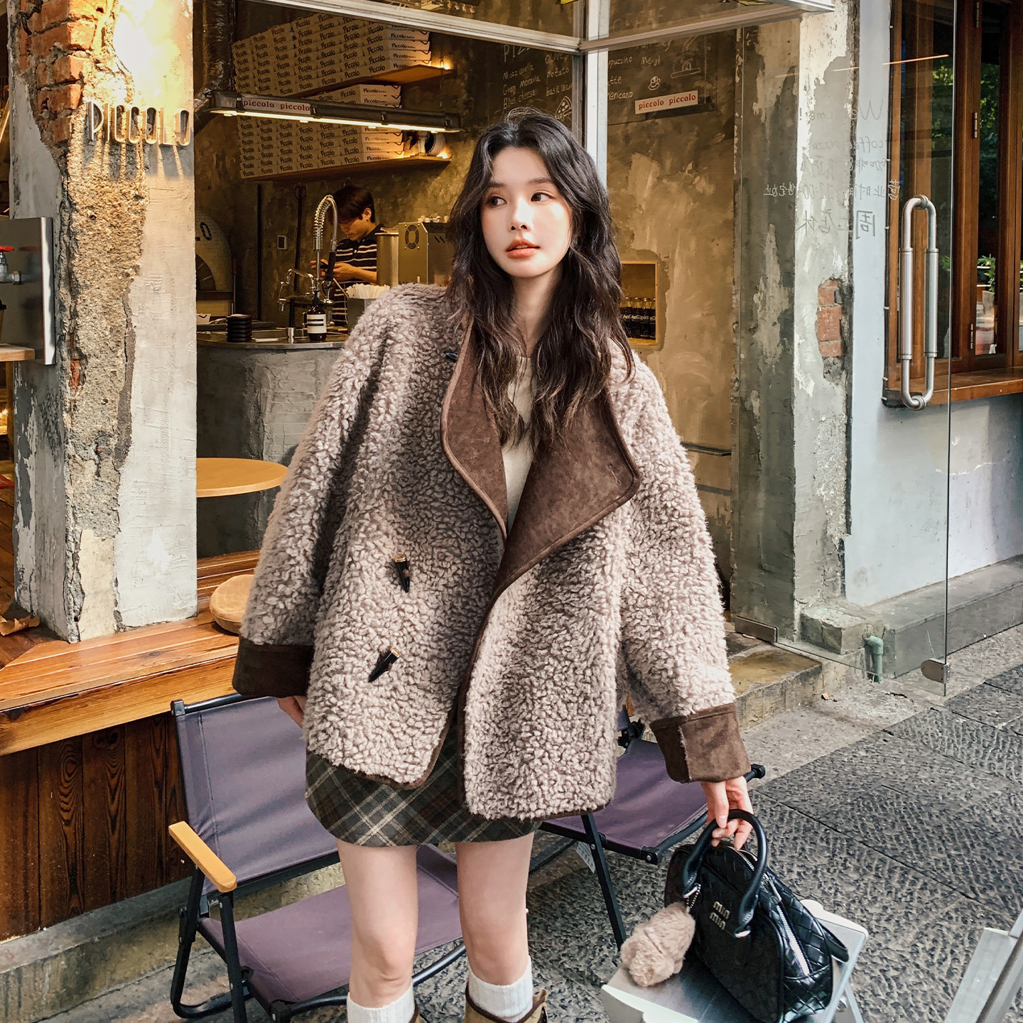 现货2D078-Y3374-P265K388 两面穿羊羔毛一面牛角扣一面双排扣