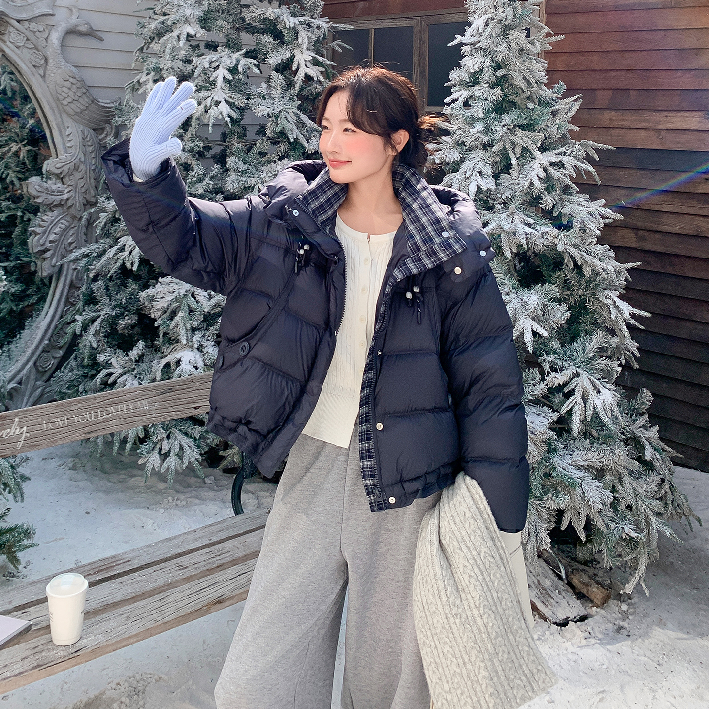 90白鸭绒格子撞色羽绒服1D066-99848-P335-K435