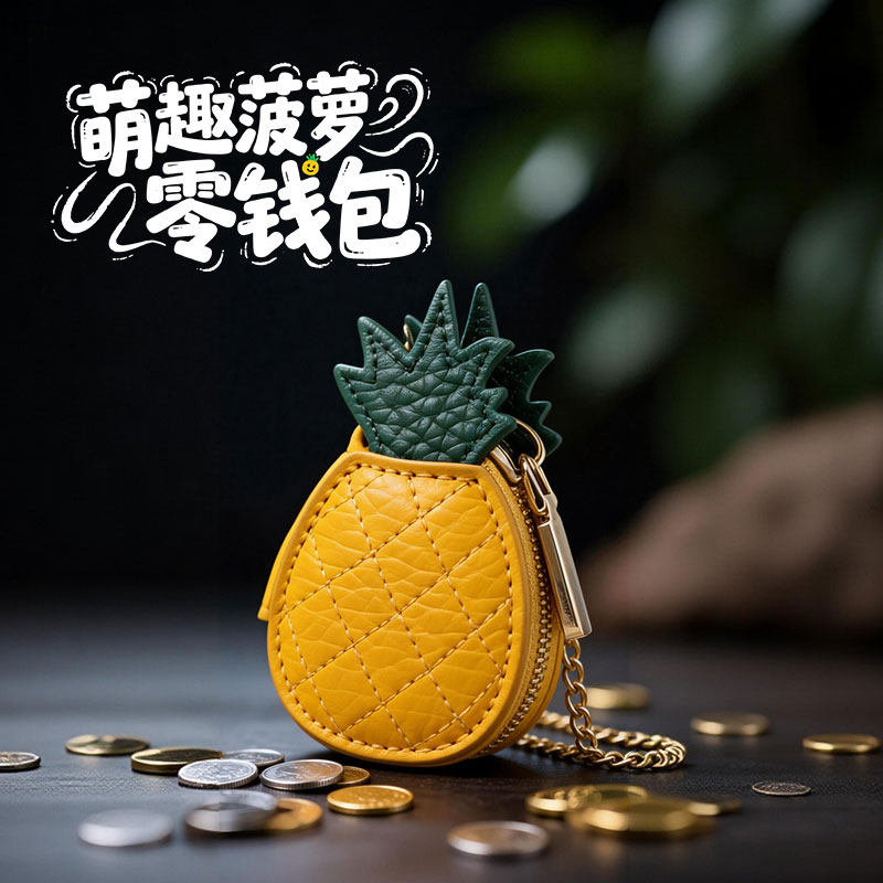 日韩风菠萝头层牛皮零钱包女迷你可爱创意手工小包挂件小香风萌趣