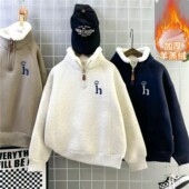 大童加厚冬季 男童加绒刺绣卫衣冬款 2025款 男孩羊羔绒儿童加大上衣