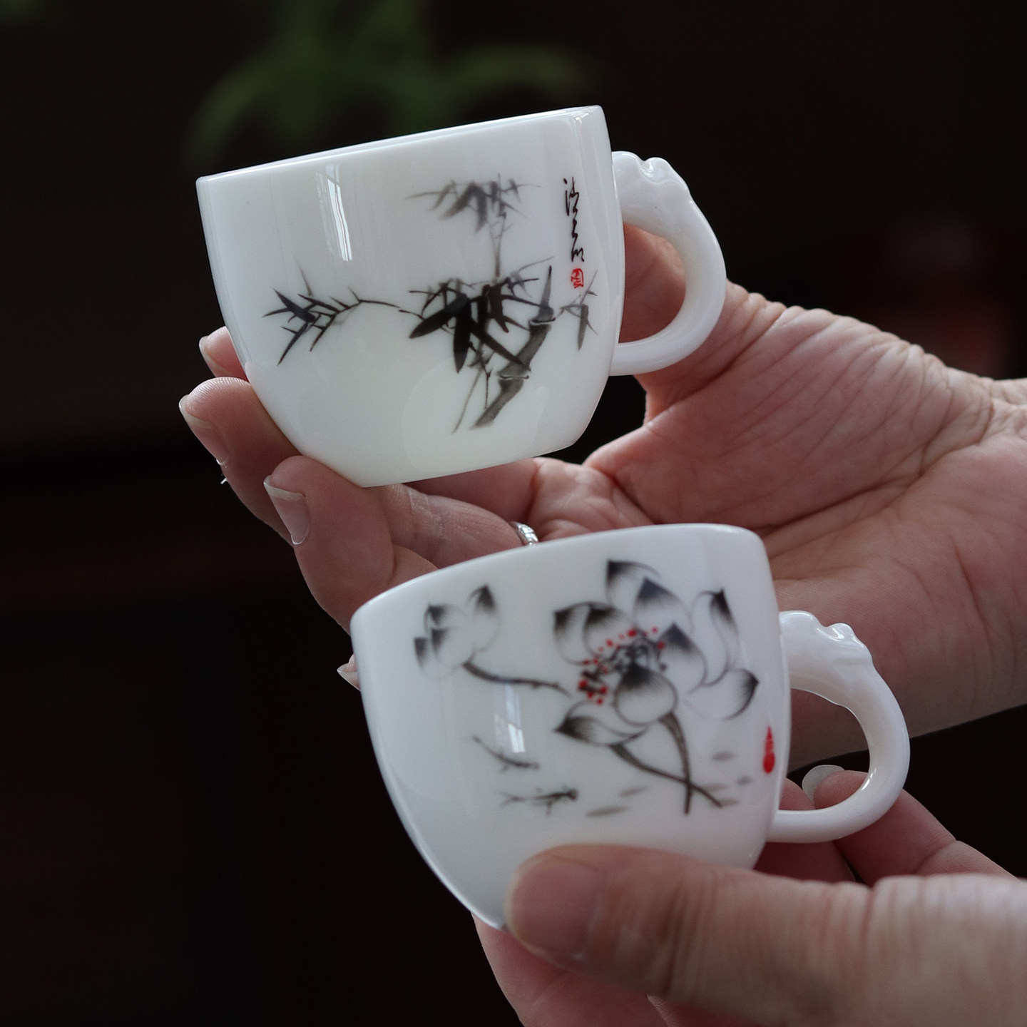 羊脂玉带手柄防烫茶杯品茗杯耳杯小号家用办公室梅兰竹菊客杯茶盏