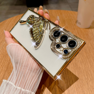 流沙蝴蝶适用三星s25ultra手机壳镶钻s23+plus带钻s22uitra个性a73a55a54a53a52轻奢电镀s24fe新款s24u女精致