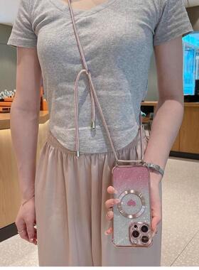 可斜挎磁吸适用iPhone14手机壳的苹果16promax爱心闪粉13pro电镀12全包ip11新款16pro女款带挂绳小众12pm防摔