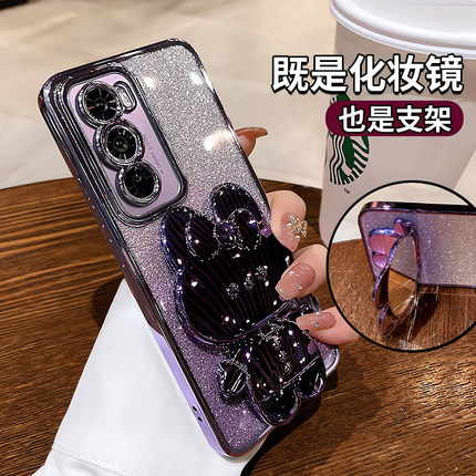 兔子适用opporeno12手机壳reno13pro带补妆镜子9pro+可爱新款支架女生透明13保护套8PR0高级感ren06软外壳7se