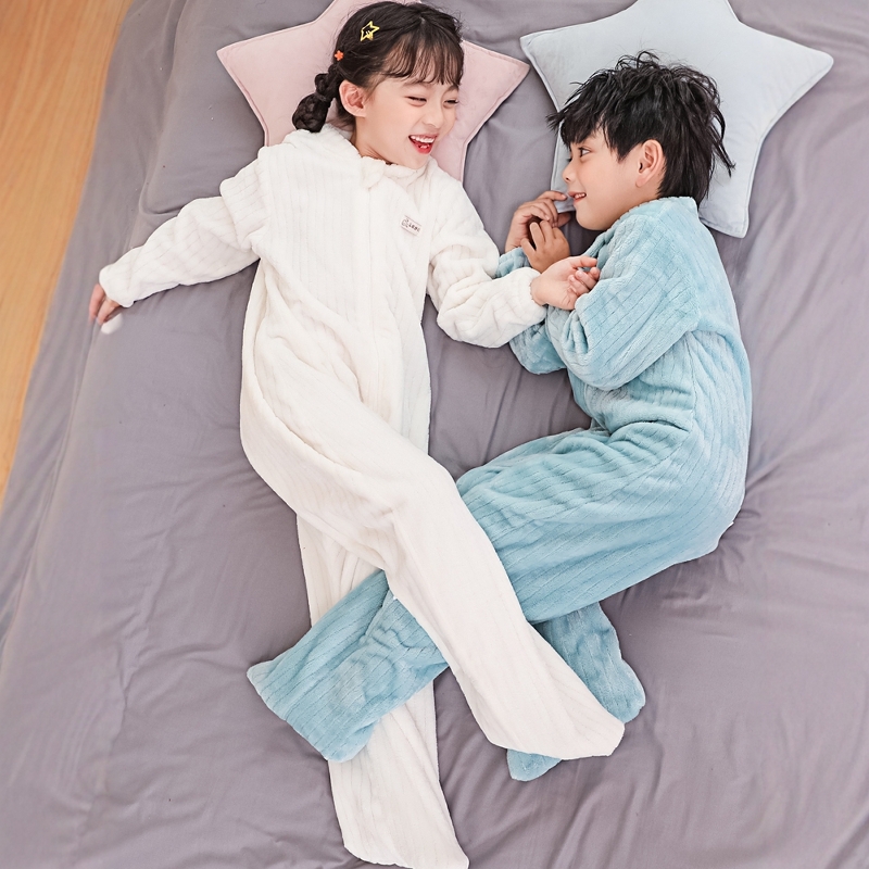 儿童男女衣秋冬款珊瑚绒家居服秋连体睡衣分腿睡袋可拆脚包脚分腿