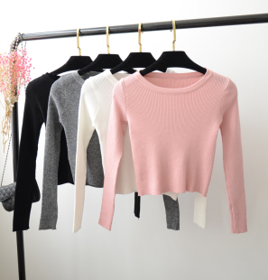 chic港风v领修身 2021年新款 短款 打底衫 上衣潮 法式 长袖 t恤女早秋季