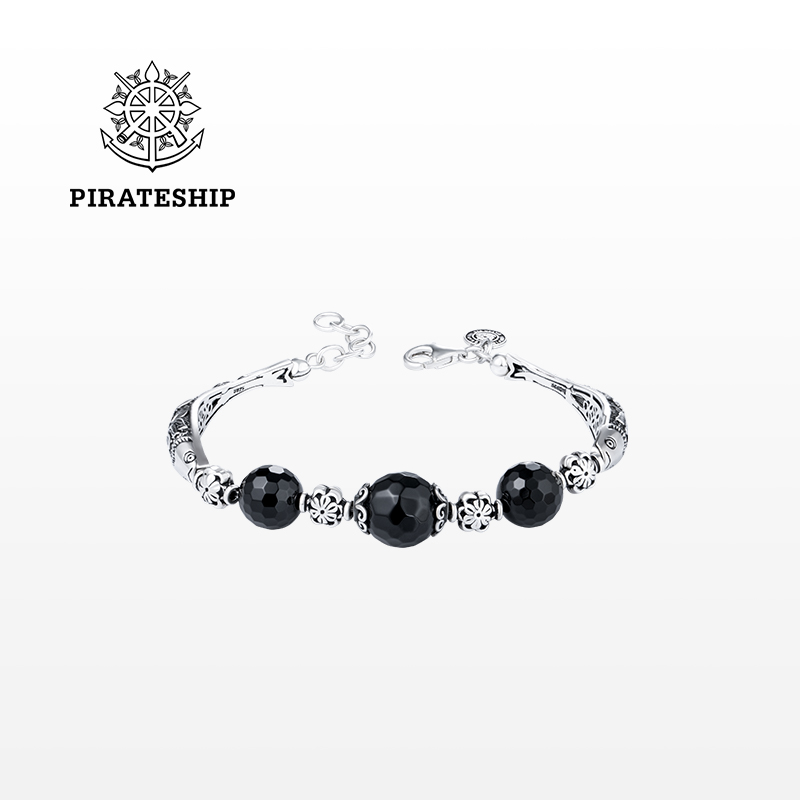 海盗船银饰复古玛瑙手链女轻奢时尚小众设计复古做旧百搭银手环