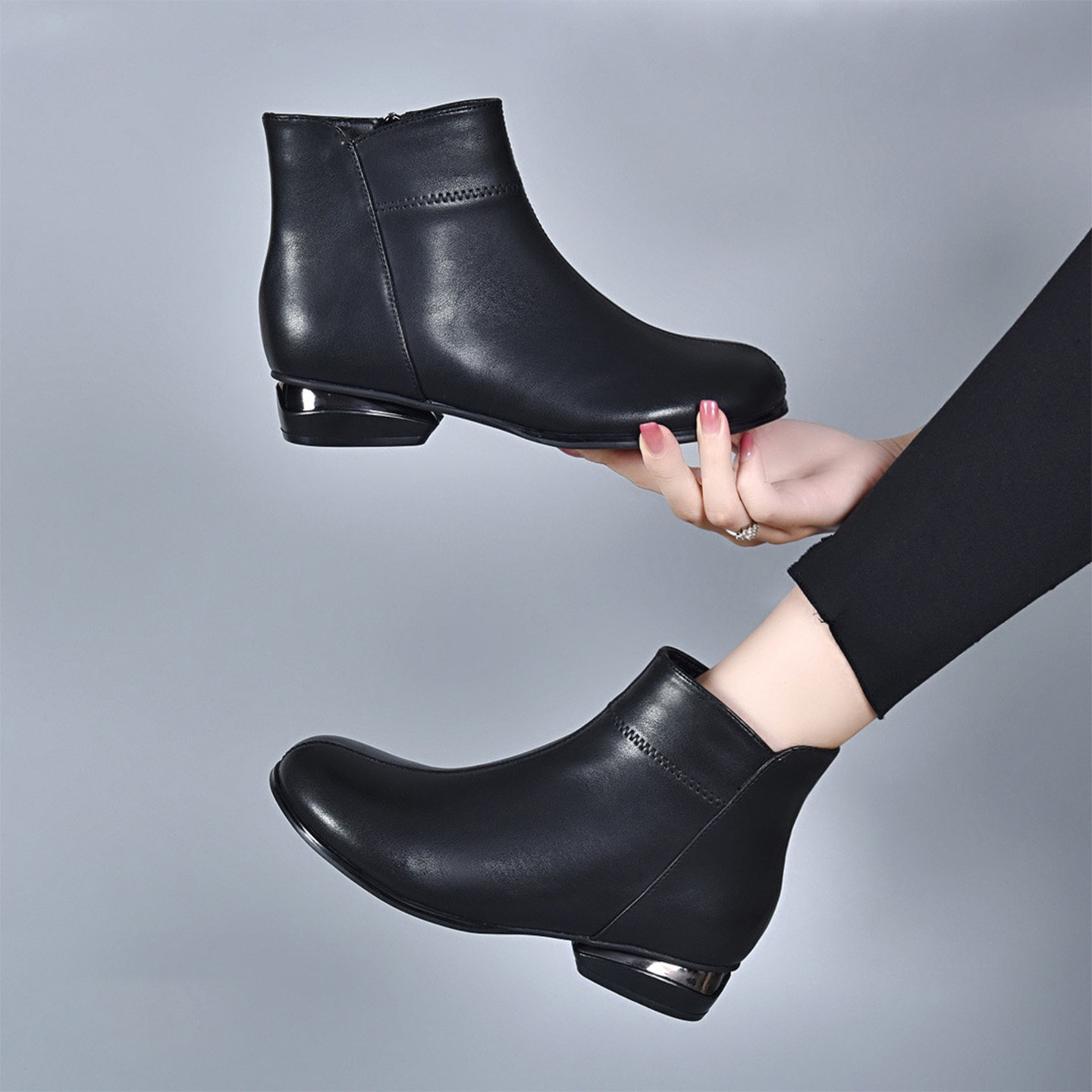 圆头低跟短筒靴2025新款秋冬加绒真皮二棉马丁靴软皮百搭黑色单靴,女鞋,时装靴,淘宝优惠券,粉丝福利购,淘宝优惠卷