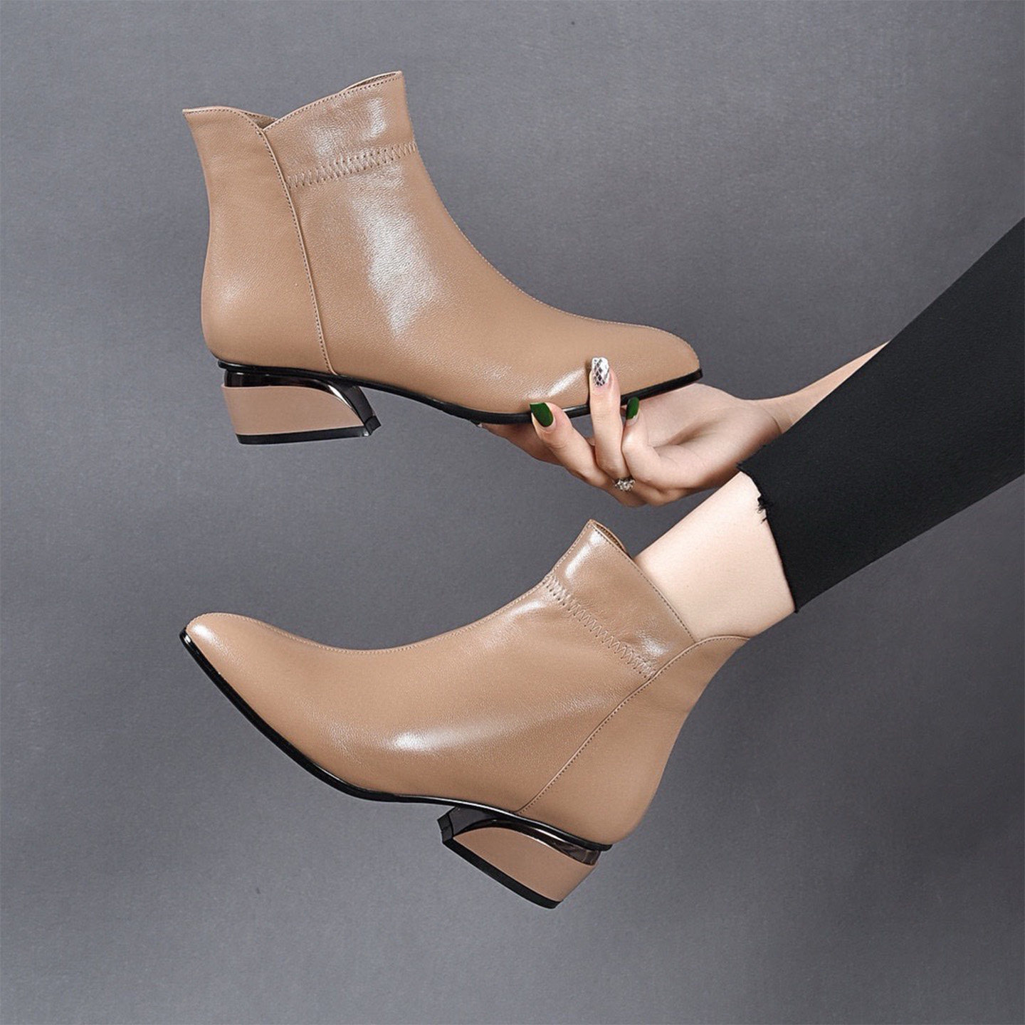 尖头真皮短靴女2025新款粗跟软皮秋季单靴低跟马丁靴百搭加绒靴子,女鞋,时装靴,淘宝优惠券,粉丝福利购,淘宝优惠卷