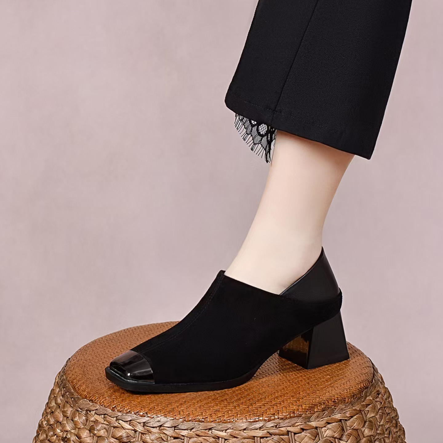 方头黑色单鞋粗跟气质女鞋