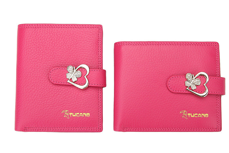 啄木鸟女士钱包竖款短款粉色真皮钱夹头层牛皮两折 蝴蝶结新款