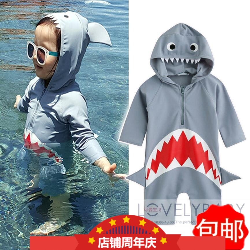 男童女童宝宝婴儿童韩版造型儿童连体泳衣鲨鱼平角裤长袖泳装幼儿