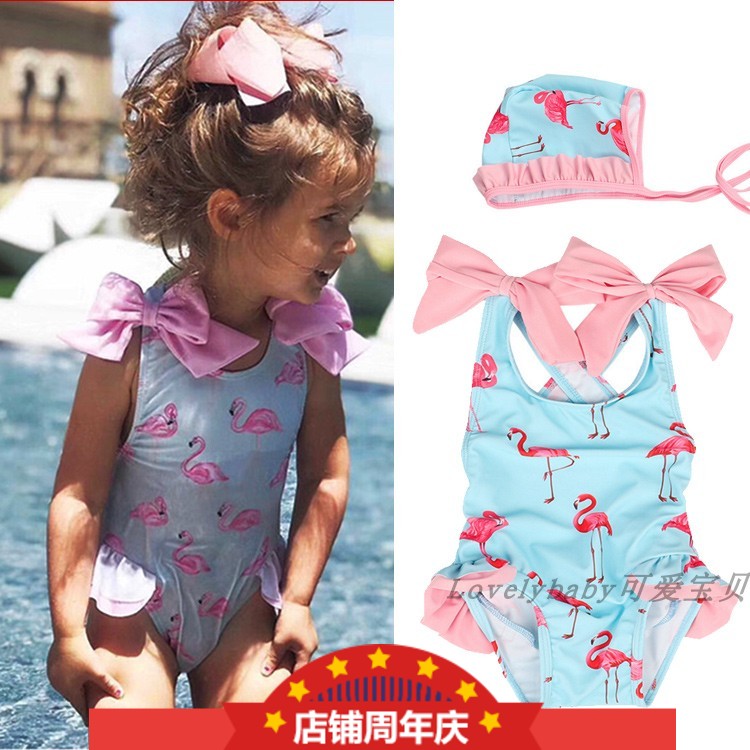 带泳帽印花婴儿童女孩时鸟泳衣