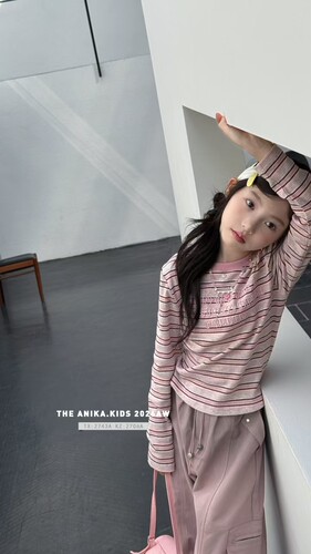 阿尼卡2026秋季新款女童洋气时尚韩条纹长袖T恤儿童休闲上衣打底