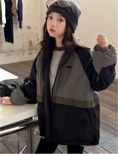 阿尼卡26秋冬男女童韩系拼色薄绒冲锋衣儿童休闲外套中大童两面穿
