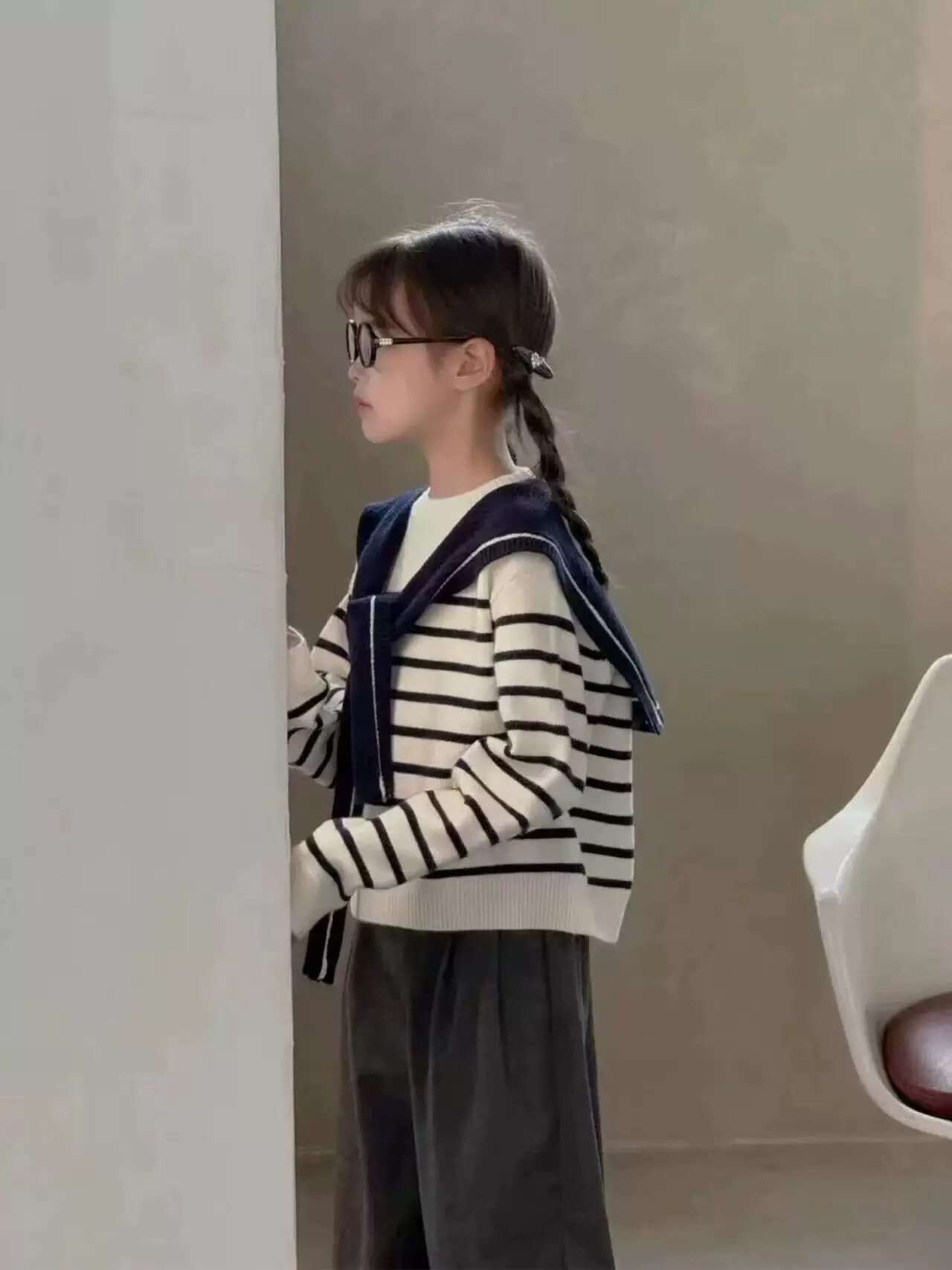 阿尼卡ANIKA2025韩国童装秋冬新款女童学院风条纹针织毛衣披肩领