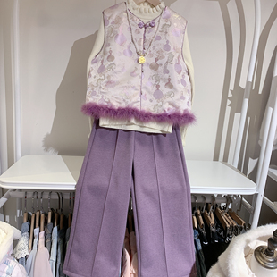 米卡贝秀女童套装新秋冬时尚洋气汉服马甲打底衫加绒长裤三件套