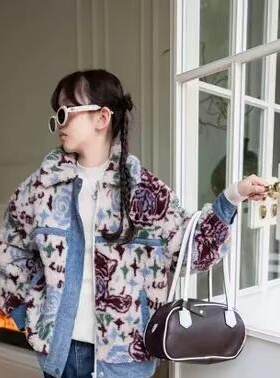 欧恰恰女童冬季新款洋气时尚加厚保暖毛毛外套牛仔外套
