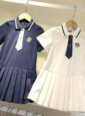 欧恰恰女童连衣裙夏季新款韩女孩洋气高端学院风爱心黑白条纹短袖
