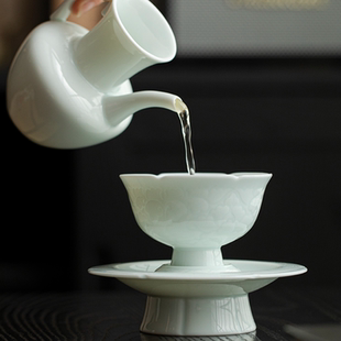 仿宋代湖田窑影青瓷浮雕茶杯芙蓉花边茶盏点茶主人杯品茗杯喝茶碗