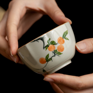 手绘柿柿如意大容量主人杯宽口品茗杯功夫茶具单杯柿子家用大茶杯