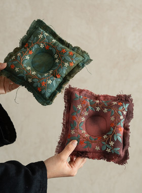 新中式复古刺绣壶承垫花卉茶席垫棉麻流苏边茶道茶宠摆件茶壶垫子