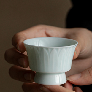 仿宋湖田窑影青瓷浮雕茶杯主人杯品茗杯闻香杯家用复古泡茶杯垫子