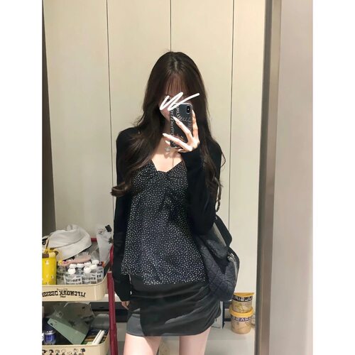 大码法式波点背心吊带上衣女夏季胖薄款显瘦遮肉外搭开衫两件套装