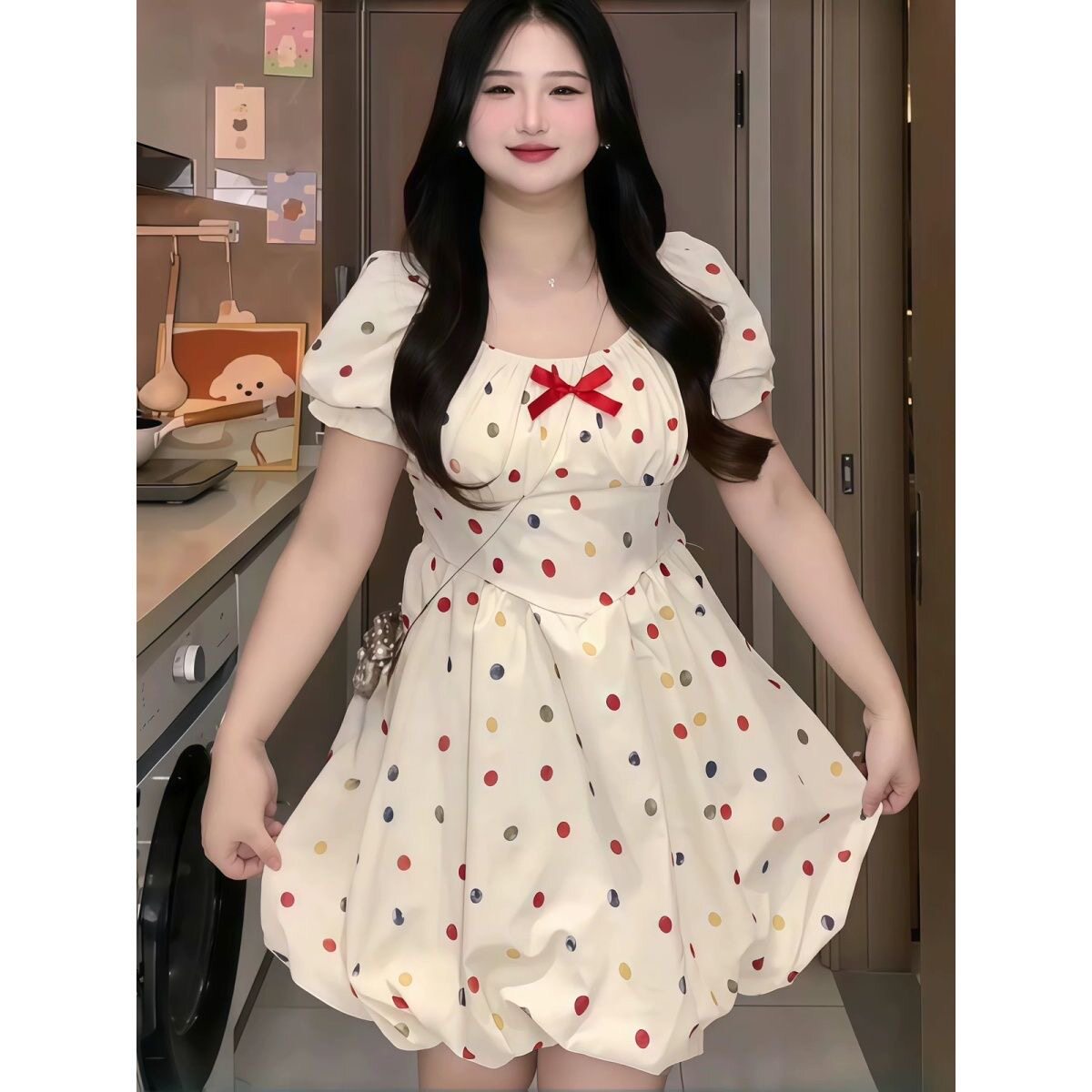 大码微胖mm少女彩色可爱波点连衣裙夏季显瘦甜美蝴蝶结约会蓬蓬裙图片