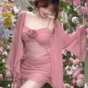 玫瑰故事200斤胖mm女装夏季蕾丝拼接网纱重工吊带连衣裙两件套装