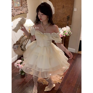 大码女装胖mm清新甜美三层纱裙摆少女一字领显瘦蓬蓬裙连衣裙短裙