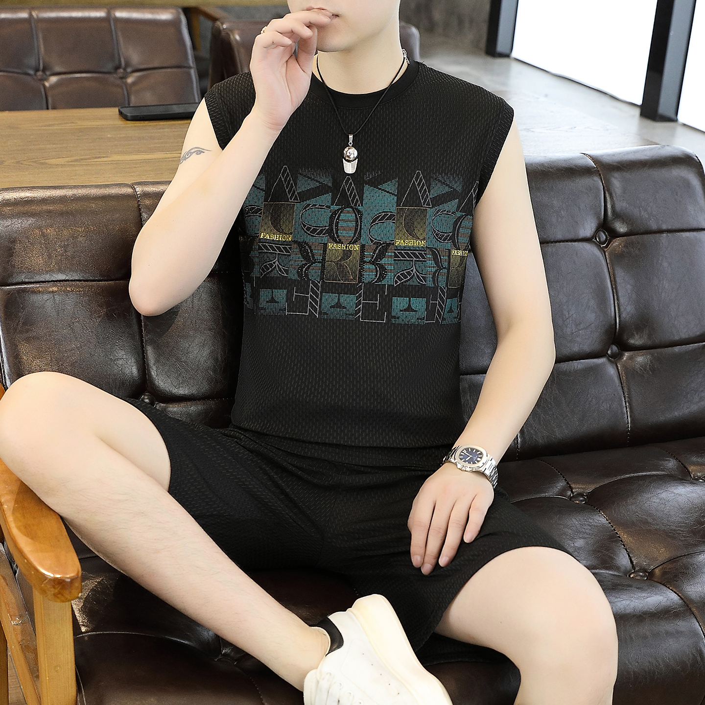 夏季冰丝睡衣男无袖背心薄款宽松休闲短袖夏天两件套家居服男套装