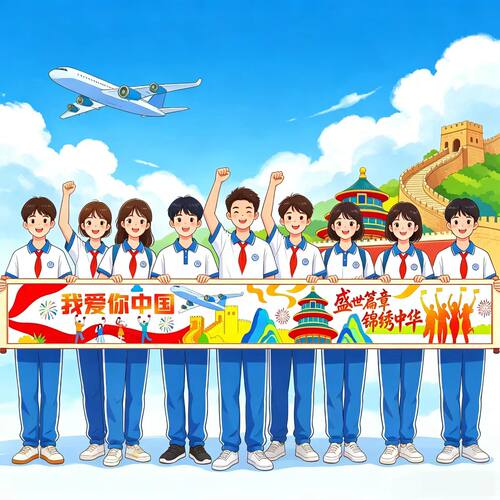 中小学生国庆节百米画卷涂鸦填色锦绣中华绘画布天坛长城素材长卷
