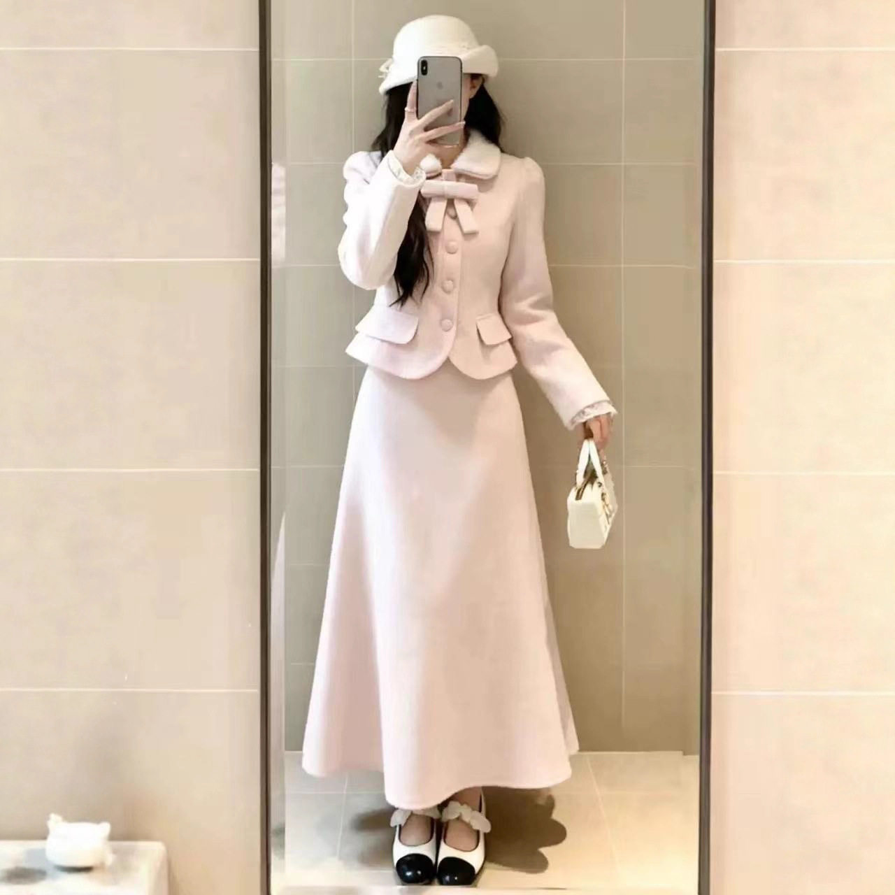 Acaine粉色毛呢外套高腰a字半身裙套装女秋法式气质千金风两件套