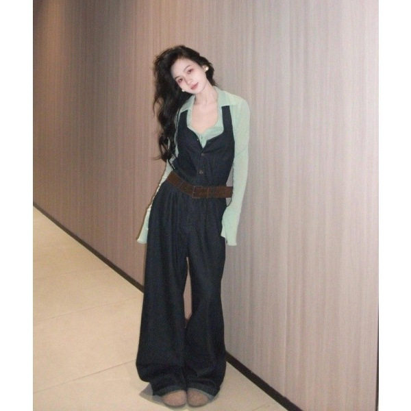 2026早春新款韩系温柔风长袖衬衫上衣百搭牛仔背带阔腿裤套装女潮