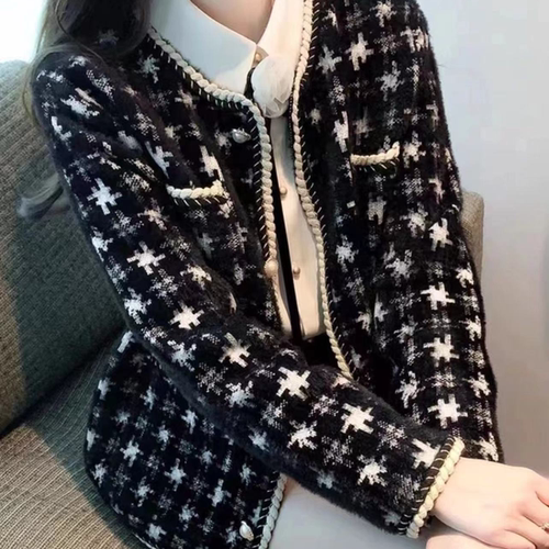 【小四粉丝专享】千鸟格子短外套女春秋新款小香风开衫毛衣6635