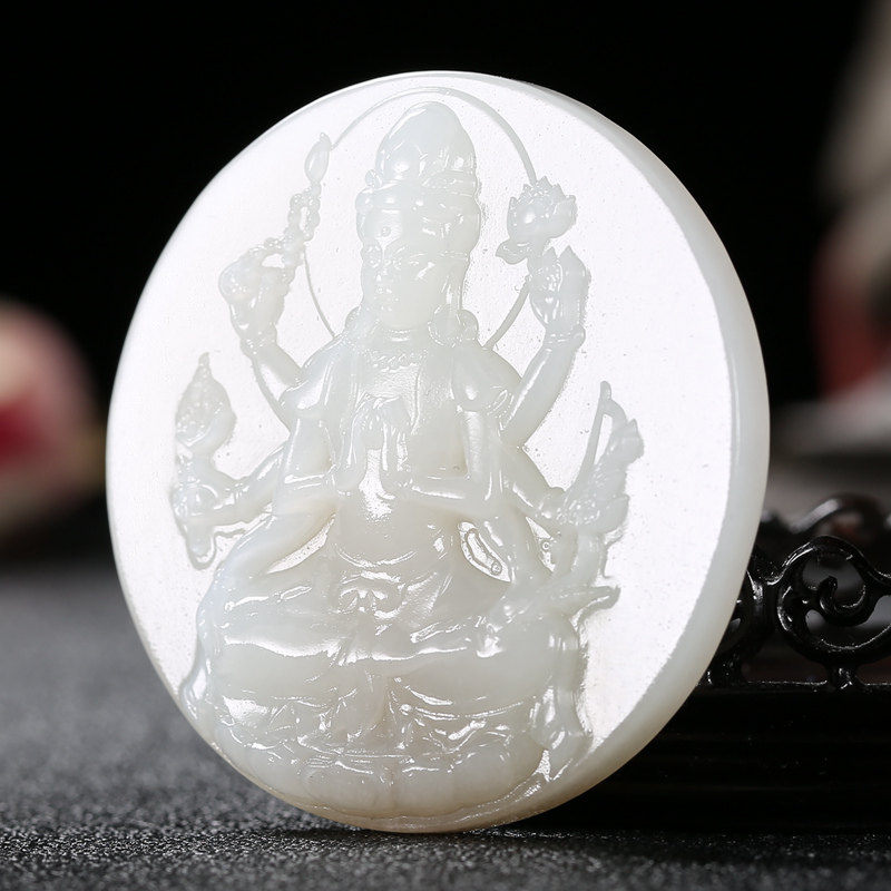 永喜玉器 老油料和田玉千手观音 且末料羊脂白玉牌挂件 权威质检