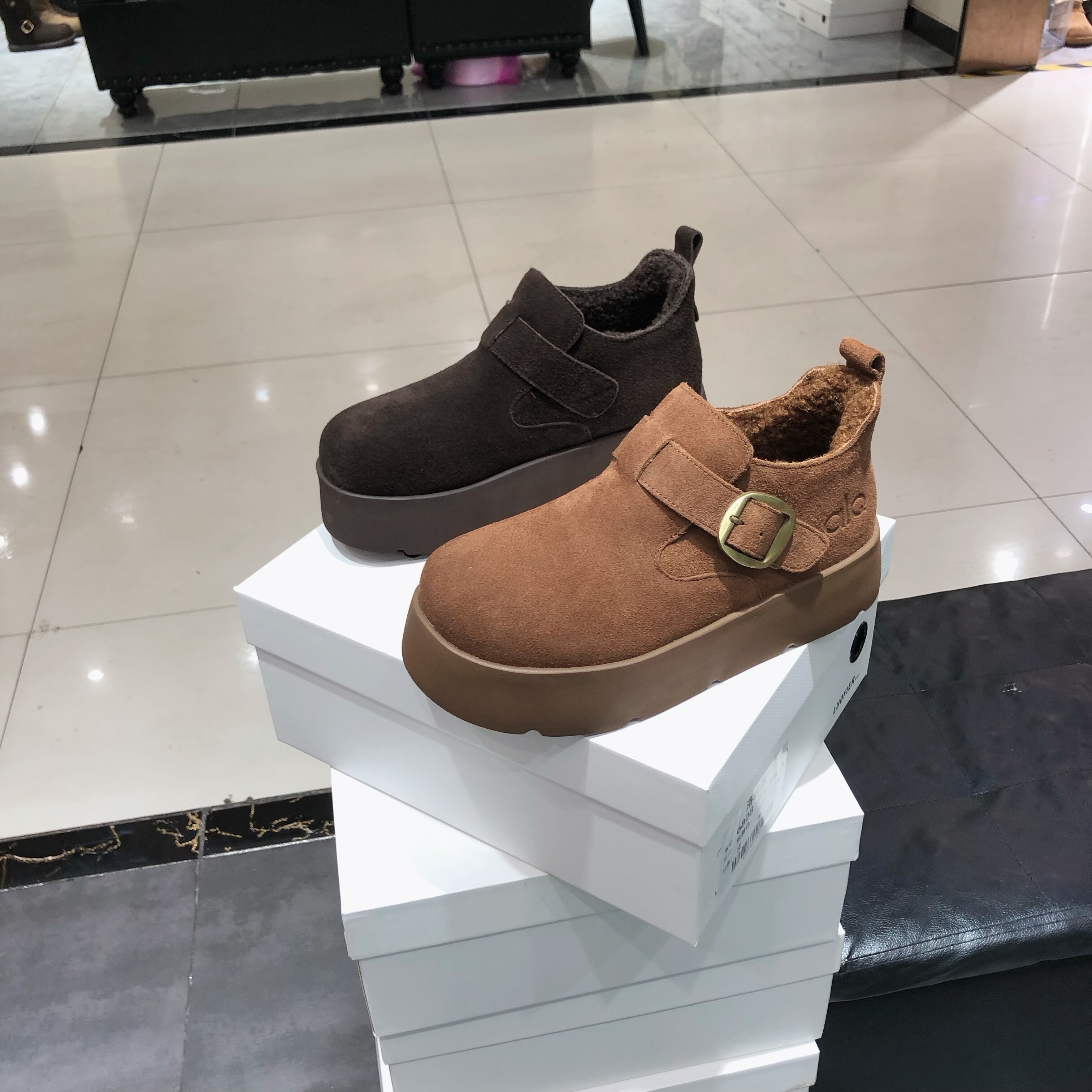 LFR磨砂真皮加绒勃肯鞋棉鞋女2025冬新款加厚皮带扣厚底雪地鞋子