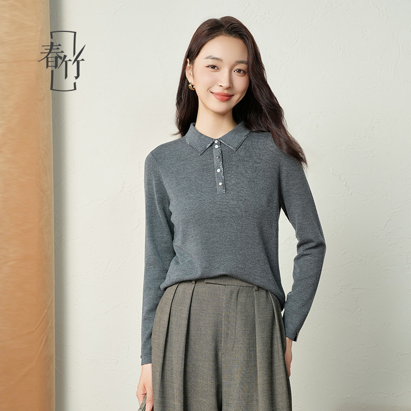 春竹绵羊毛套衫翻领毛针织衫