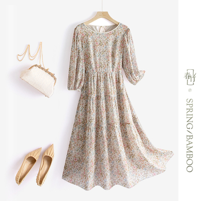 连衣裙桑蚕丝减龄碎花春竹