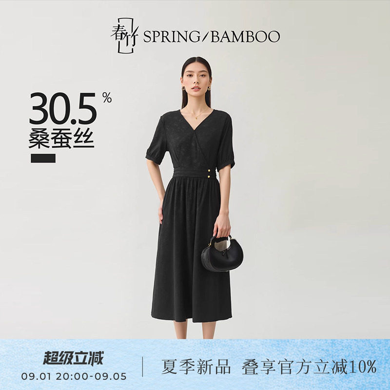 春竹早春新款通勤风桑蚕丝连衣裙纯色V领垂坠感真丝显瘦长裙女图片