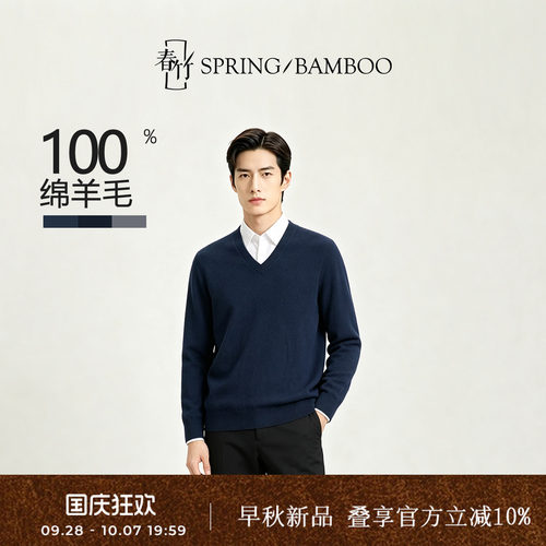 春竹100%绵羊毛V领男士羊毛衫