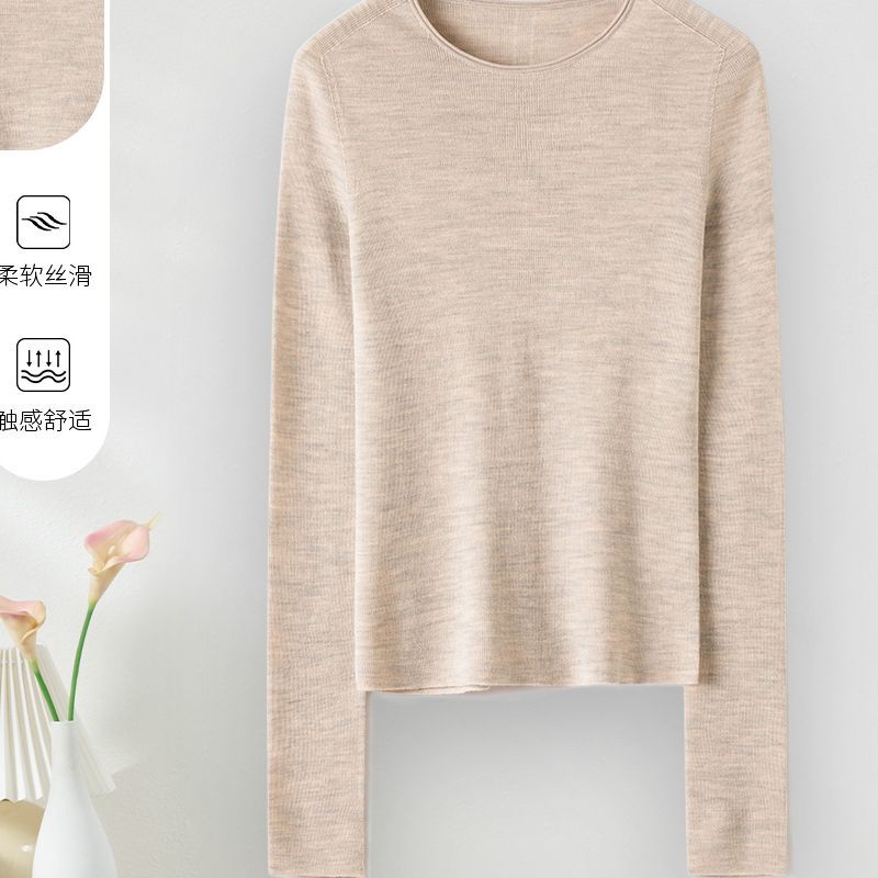 100%绵羊毛秋季休闲长袖打底针织圆领高级感保暖女针织衫108