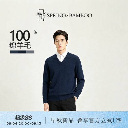 春竹100%绵羊毛V领男士羊毛衫