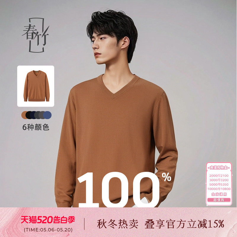 春竹100%绵羊毛V领羊毛衫长袖针织商务休闲套头保暖上衣毛衣男