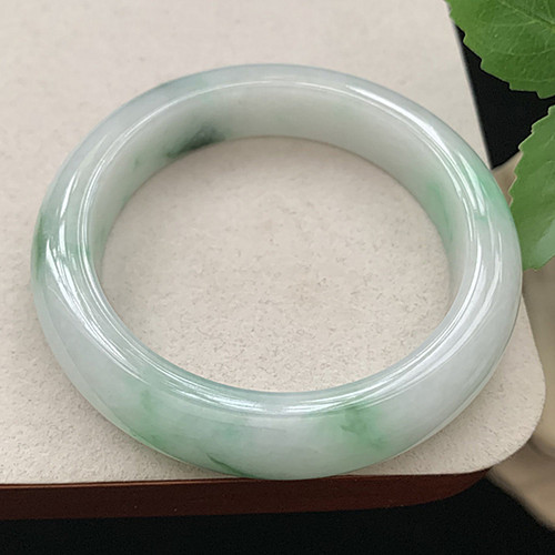 缅甸翡翠手镯A货53.4MM白底青飘阳绿翡翠冰润玉手镯女款珠宝