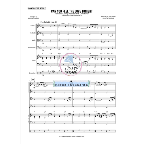 Can You Feel The Love Tonight 原版正谱弦乐四重奏+钢琴+打击乐