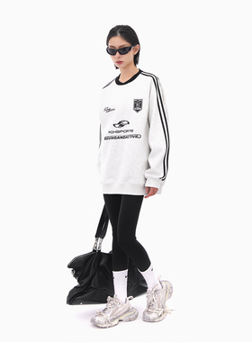 FOH 美式国潮徽章织带圆领卫衣男女秋季运动休闲情侣宽松休闲上衣