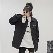 植绒字母印花底摆毛边长袖 宽松情侣外套 新款 衬衫 女2025秋季